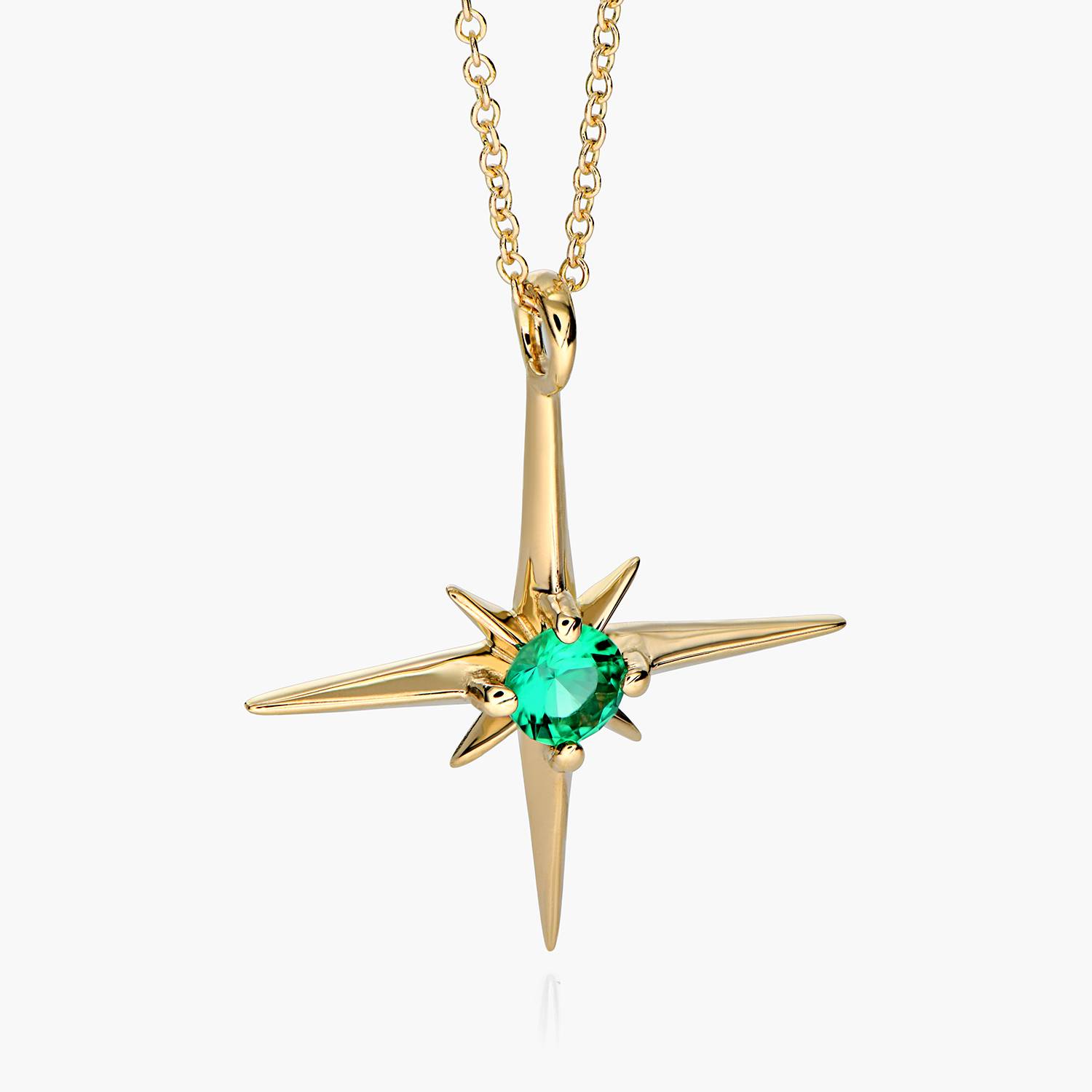 Engraved Northern Star Necklace with 0.3ct Green Emerald Gemstone- 14k Solid Gold product photo