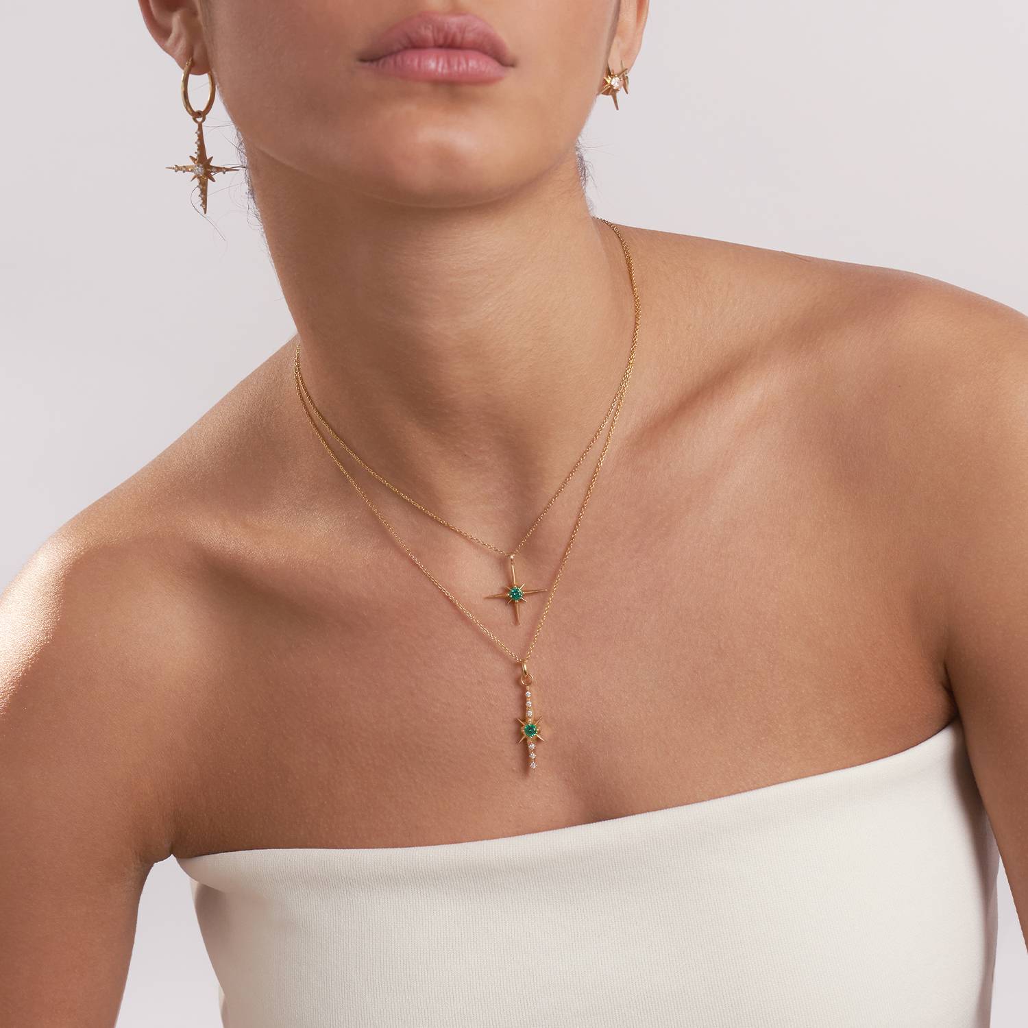 Engraved Northern Star Necklace with 0.3ct Green Emerald Gemstone- 14k Solid Gold-1 product photo