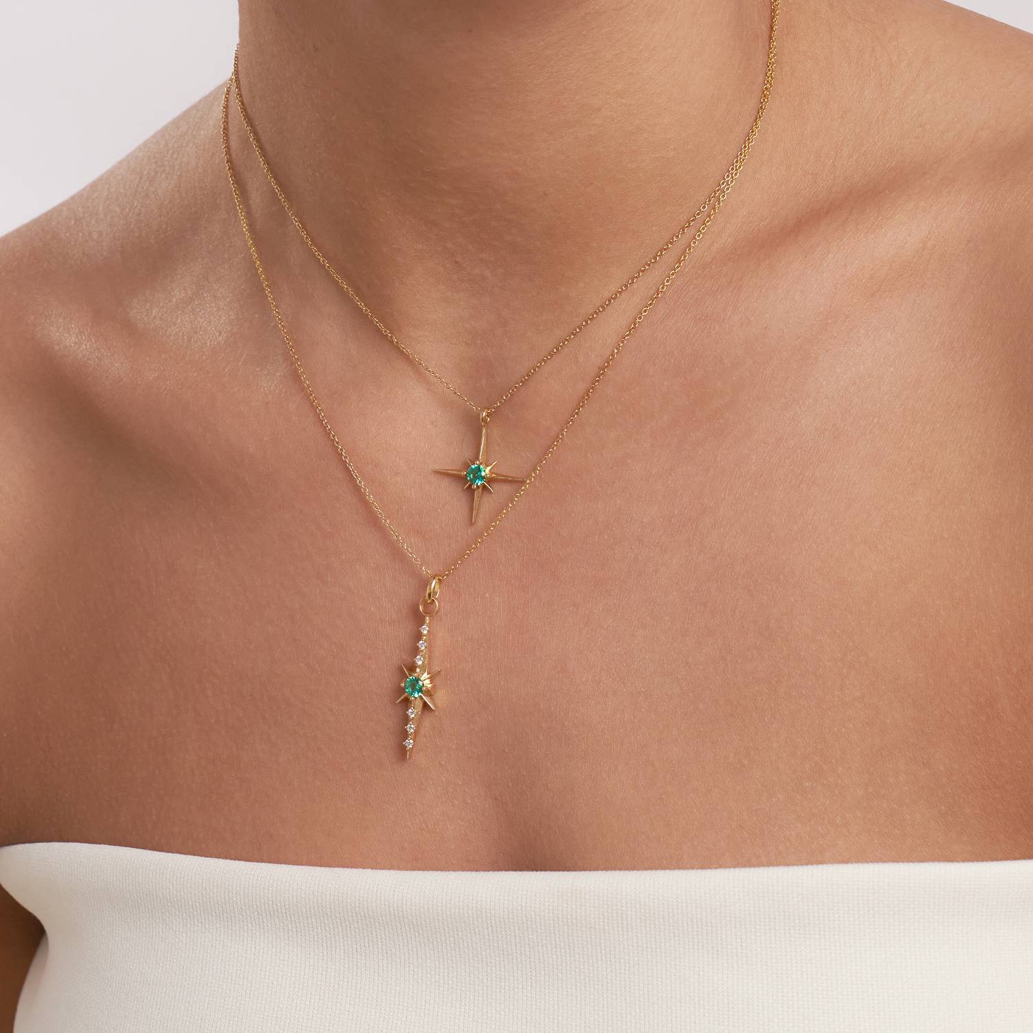 Engraved Northern Star Necklace with 0.3ct Green Emerald Gemstone- 14k Solid Gold-5 product photo