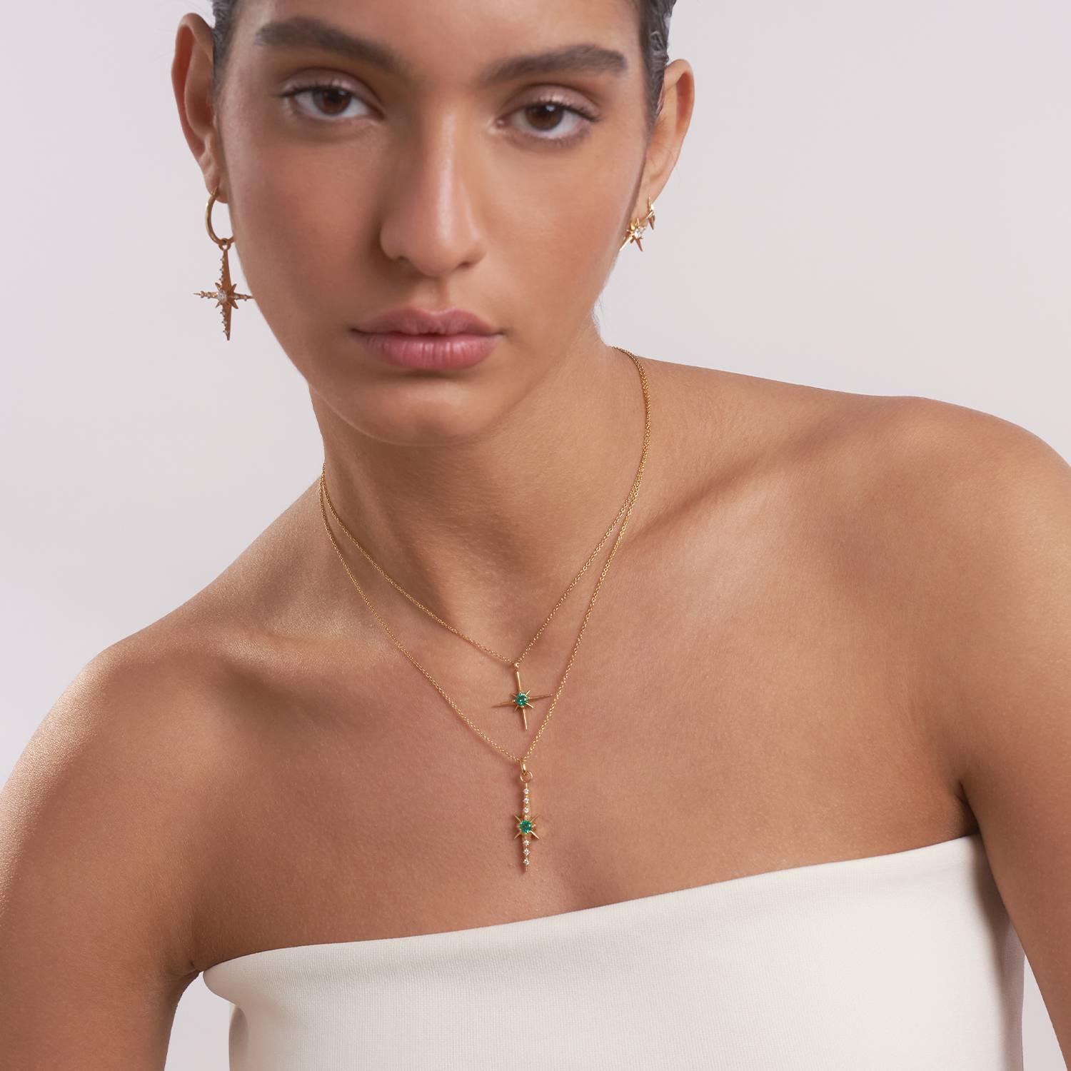 Engraved Northern Star Necklace with 0.3ct Green Emerald Gemstone- Gold Vermeil-5 product photo