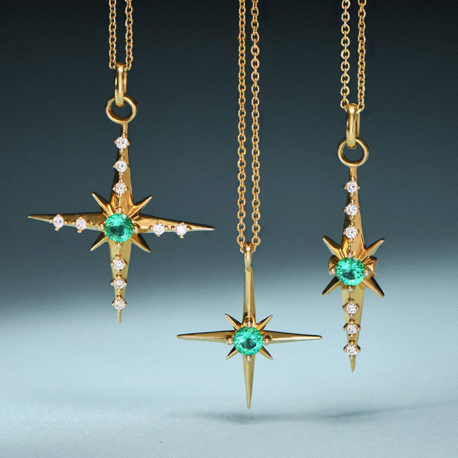 Engraved Northern Star Necklace with 0.3ct Green Emerald Gemstone- Gold Vermeil-4 product photo