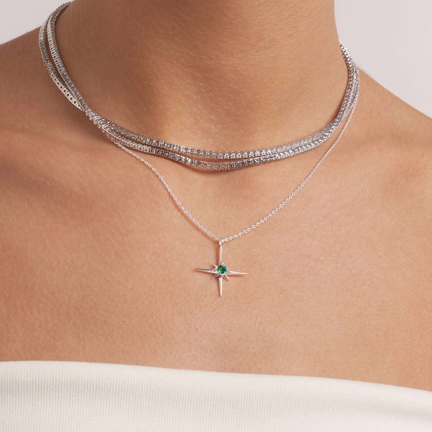 Engraved Northern Star Necklace with 0.3ct Green Emerald Gemstone - Silver-5 product photo