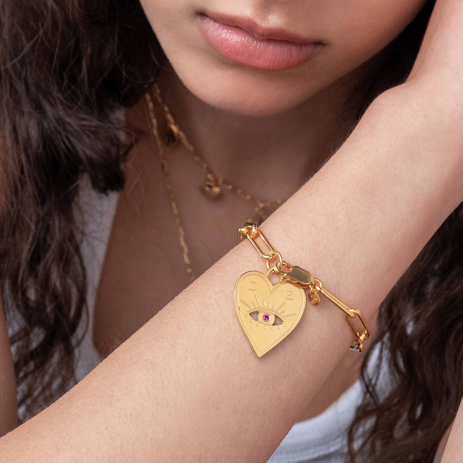 Engraved Evil Eye Heart Bracelet with Cubic Zirconia - Gold Vermeil-4 product photo