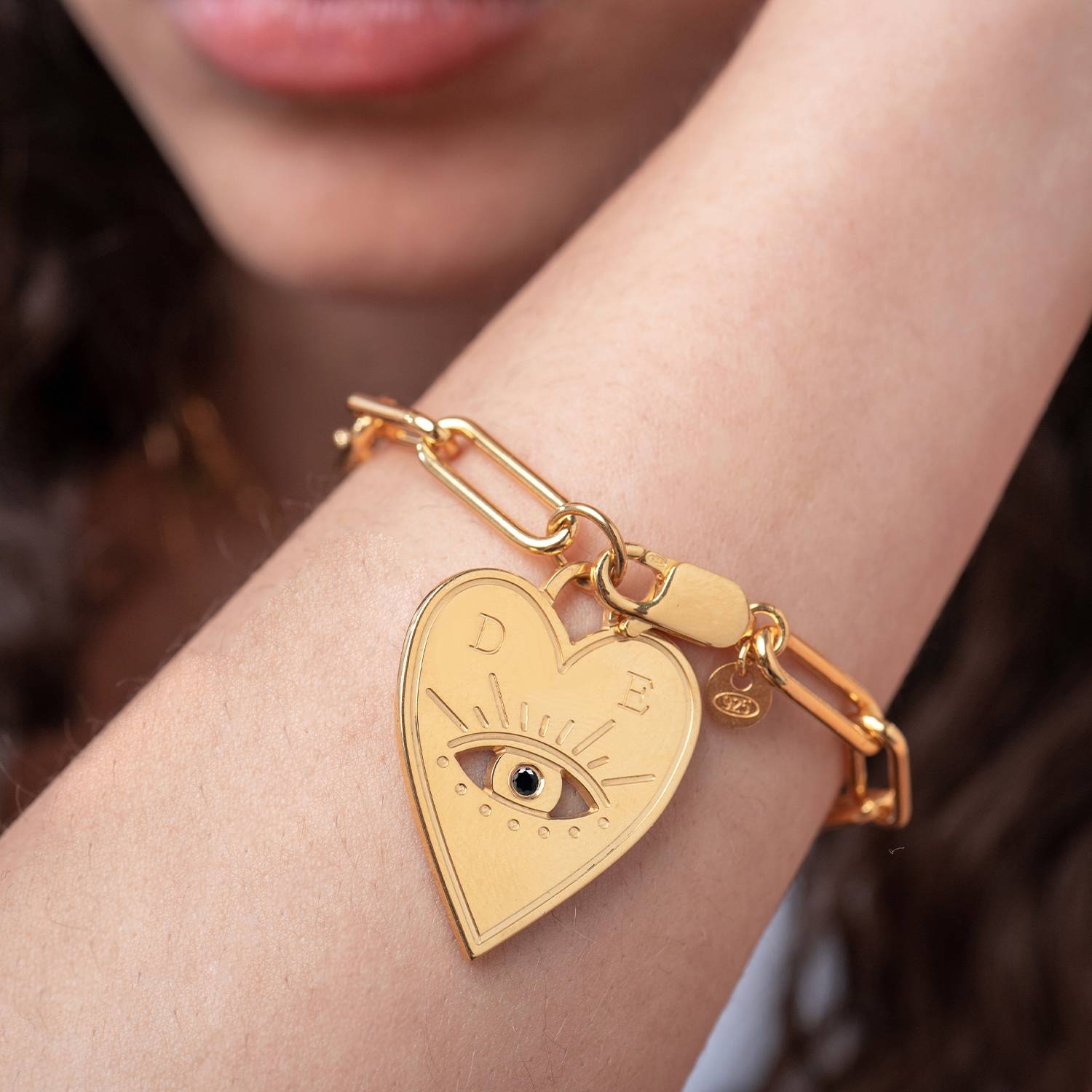 Engraved Evil Eye Heart Bracelet with Cubic Zirconia - Gold Vermeil product photo