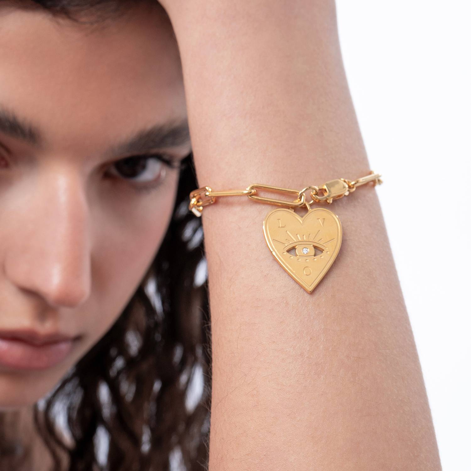 Engraved Evil Eye Heart Bracelet with Diamonds  - Gold Vermeil-4 product photo