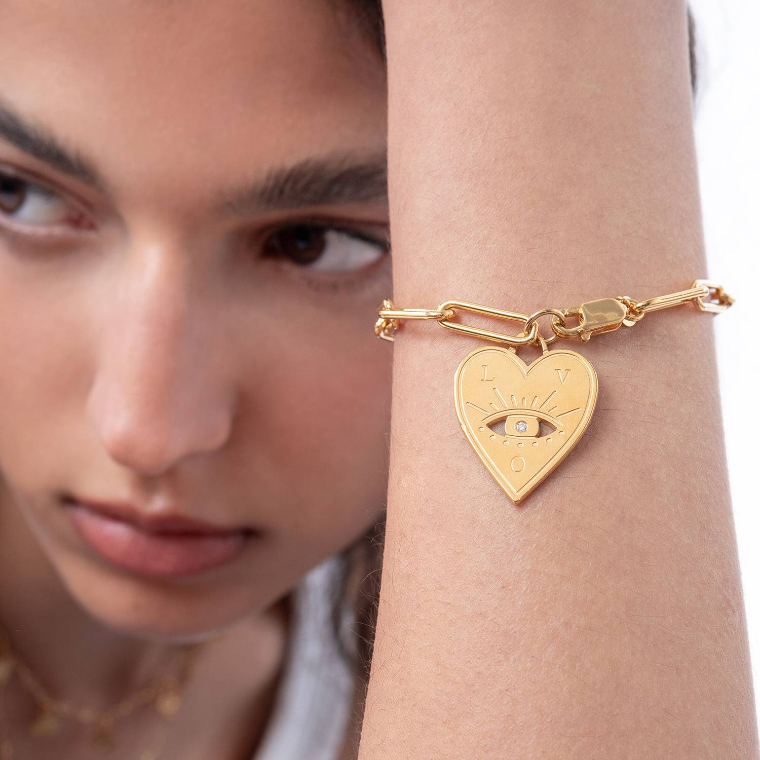 Engraved Evil Eye Heart Bracelet with Diamonds  - Gold Vermeil-5 product photo