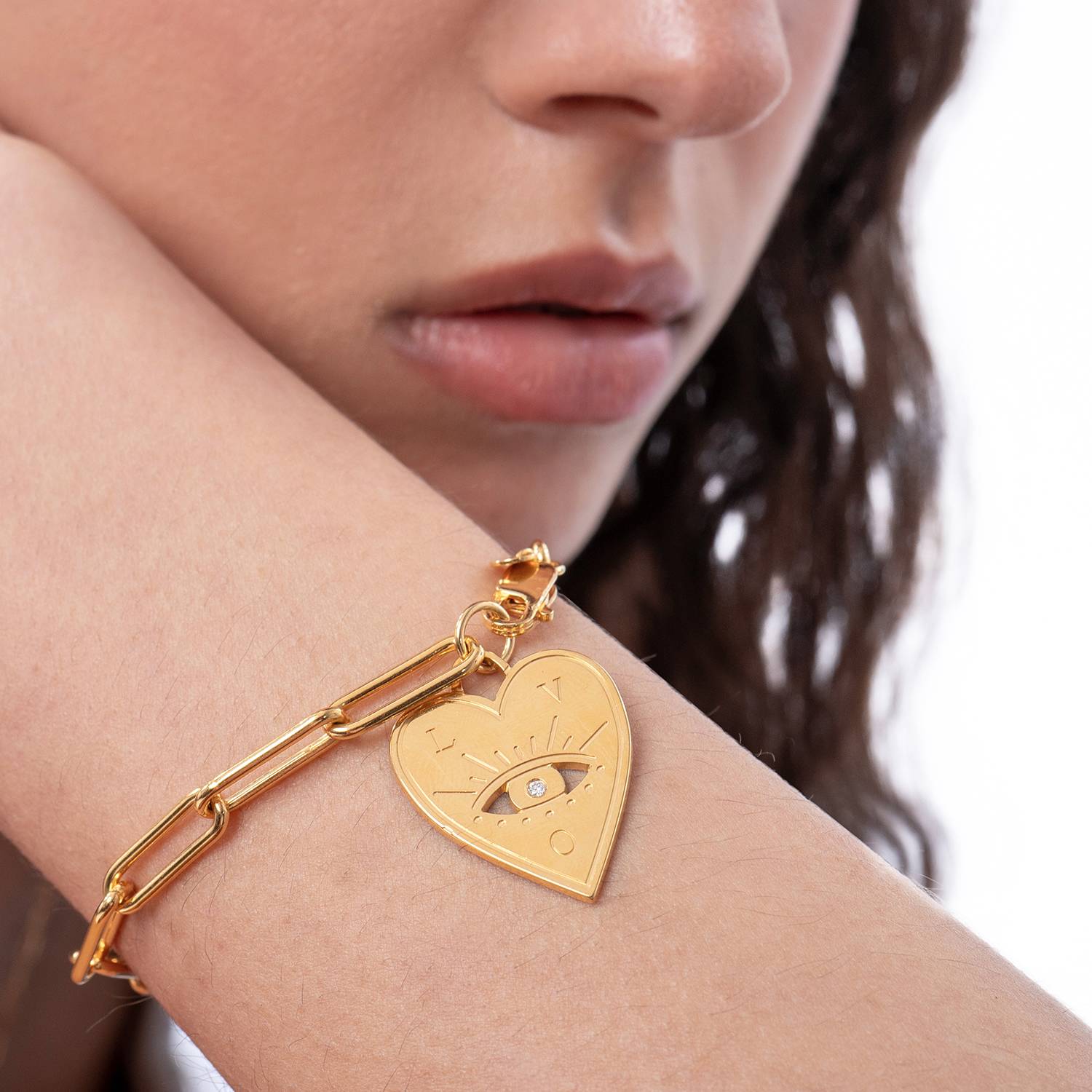 Bracelet coeur Mauvais oeil avec Diamants - Or Vermeil-6 photo du produit