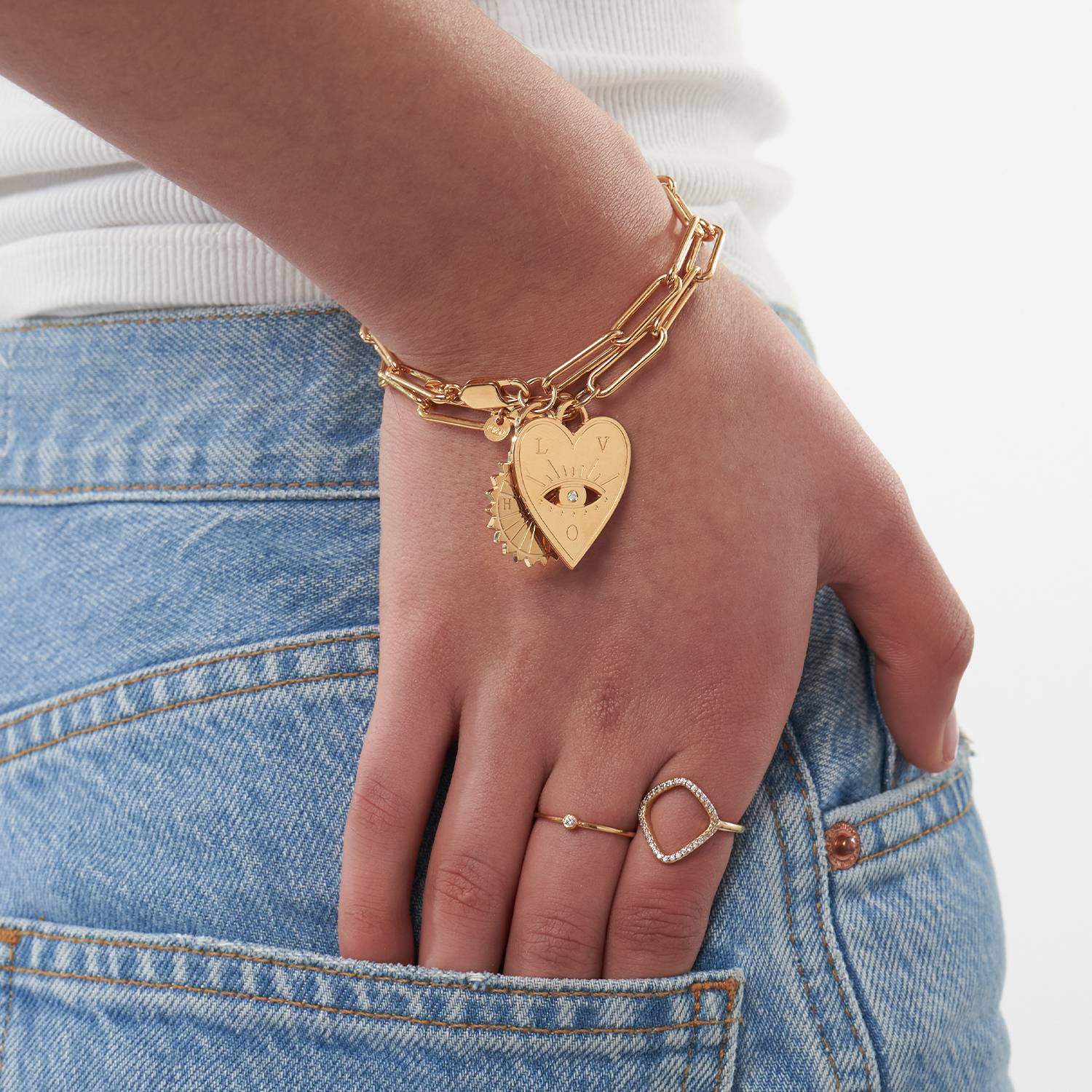 Engraved Evil Eye Heart Bracelet with Diamonds  - Gold Vermeil-2 product photo
