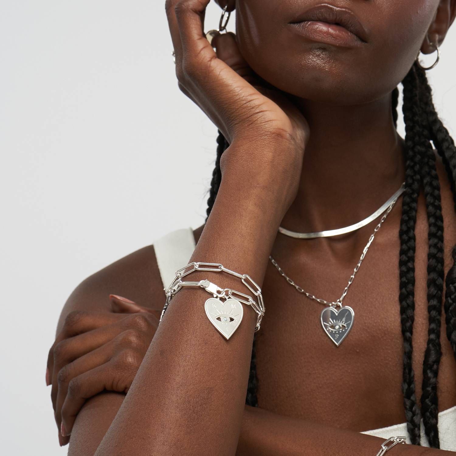 Bracelet coeur Mauvais oeil avec Diamants - Argent-3 photo du produit