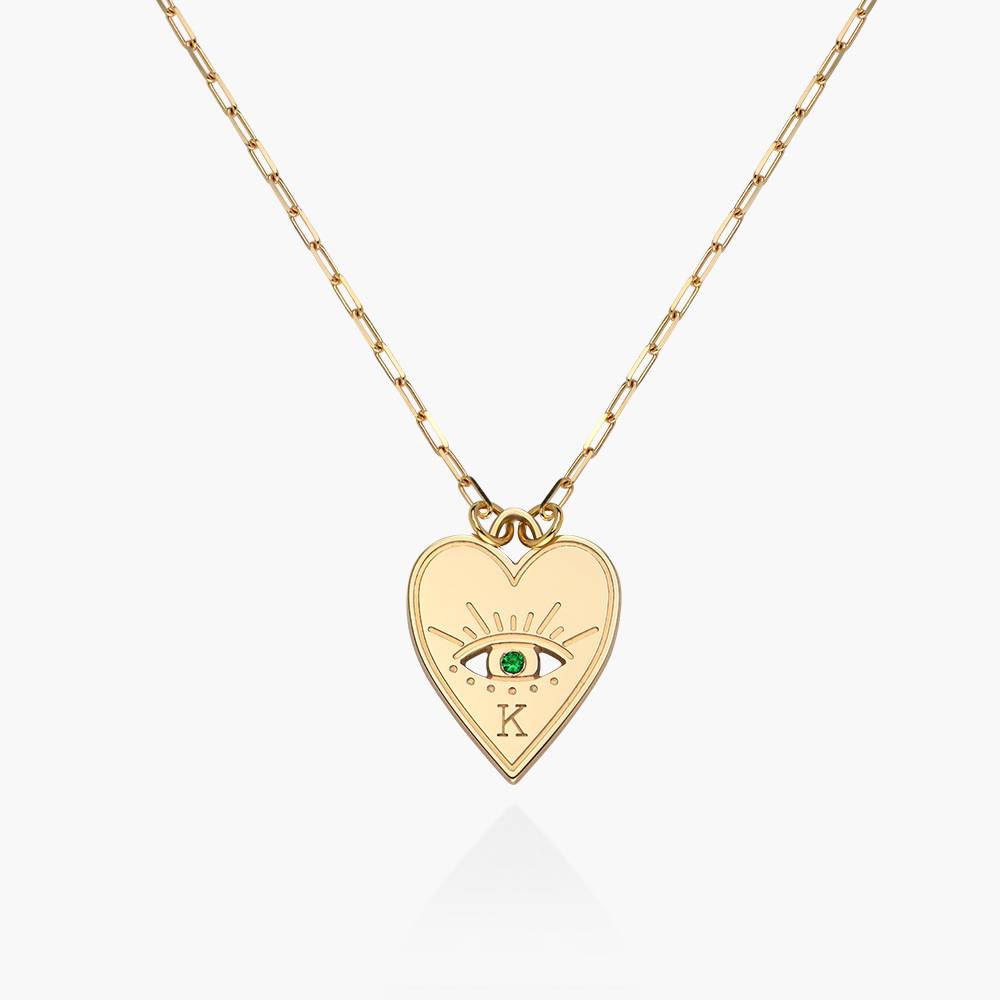 Engraved Evil Eye Heart Necklace With Cubic Zirconia - 14k Solid Gold product photo