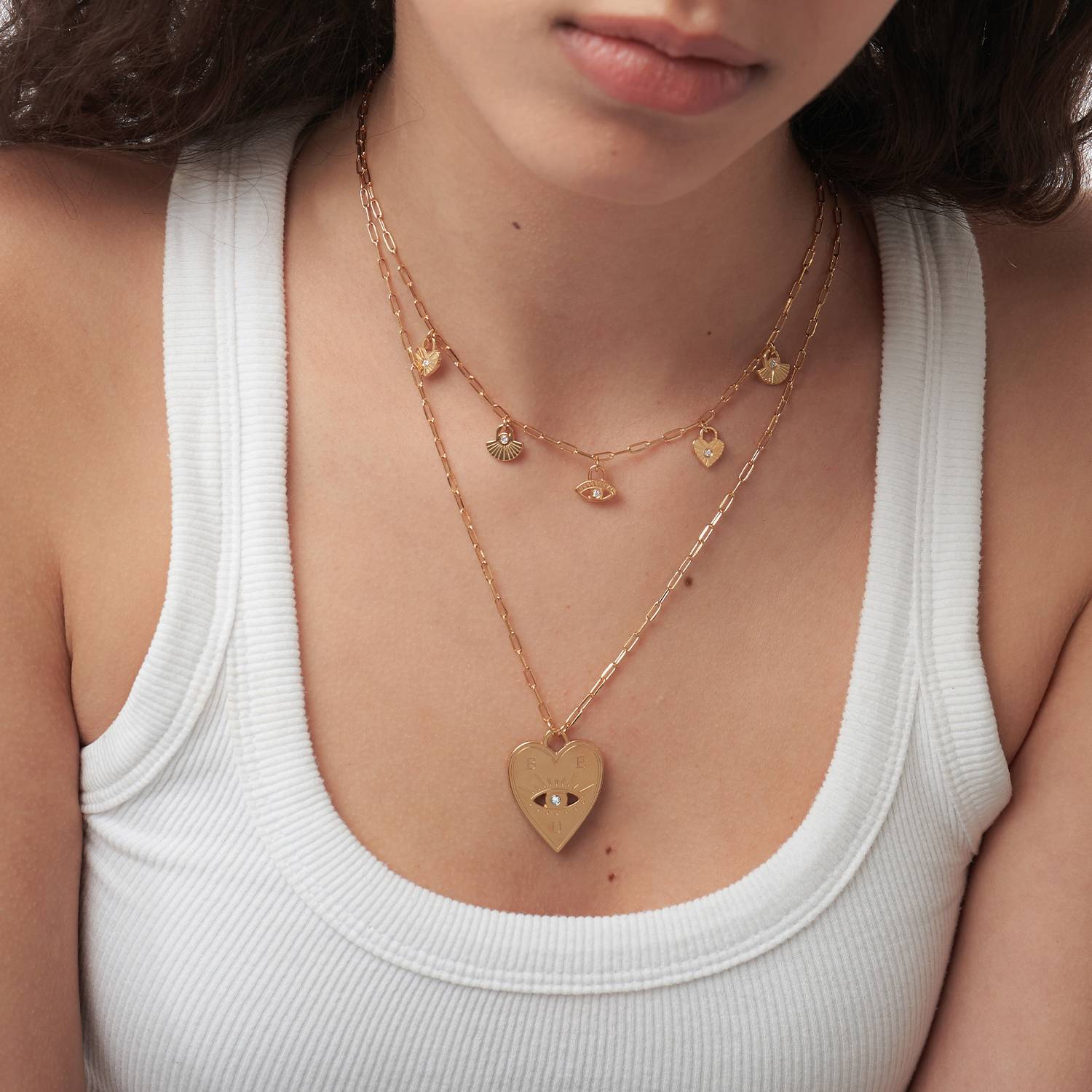 Engraved Evil Eye Heart Necklace with Diamond  - Gold Vermeil-2 product photo