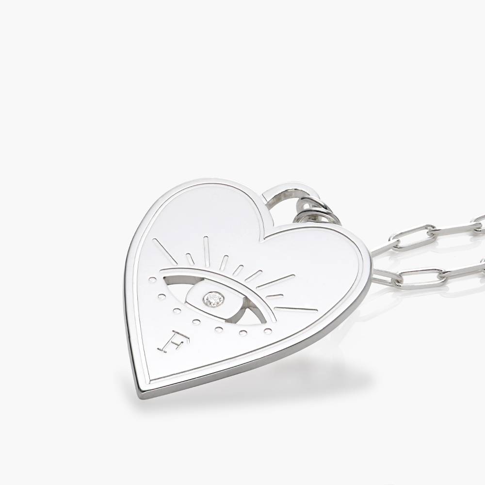 Engraved Evil Eye Heart Necklace with Diamond - Silver product photo