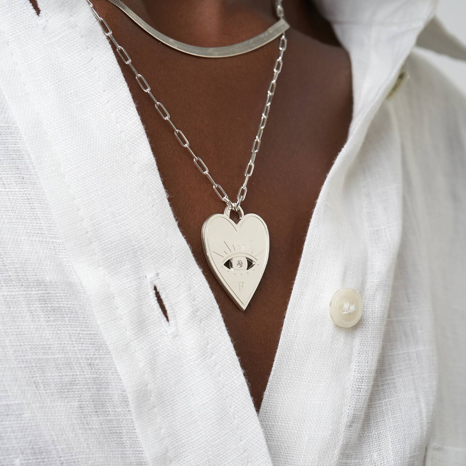 Collier coeur Mauvais oeil Gravé avec Diamants - Argent-5 photo du produit