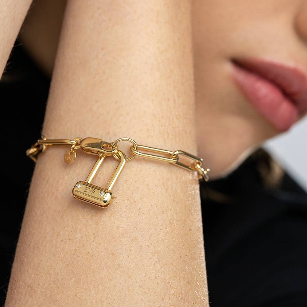 Engraved Initial Bike Lock Charm Bracelet With Diamonds - Gold Vermeil-4 product photo