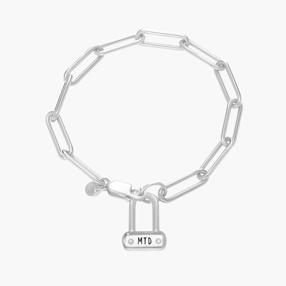 Engraved Initial Bike Lock Charm Bracelet With Diamonds - Silver product photo