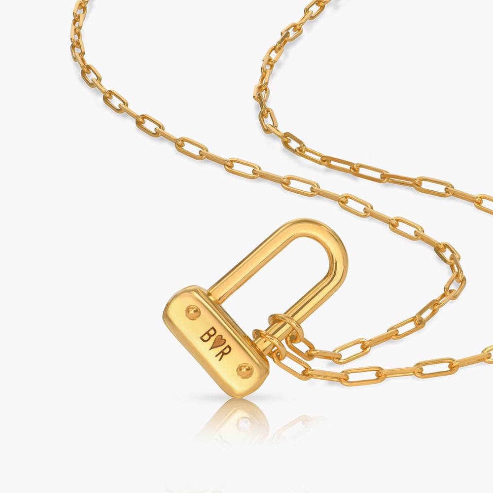 Engraved Initial Bike Lock Charm Necklace - Gold Vermeil-2 product photo