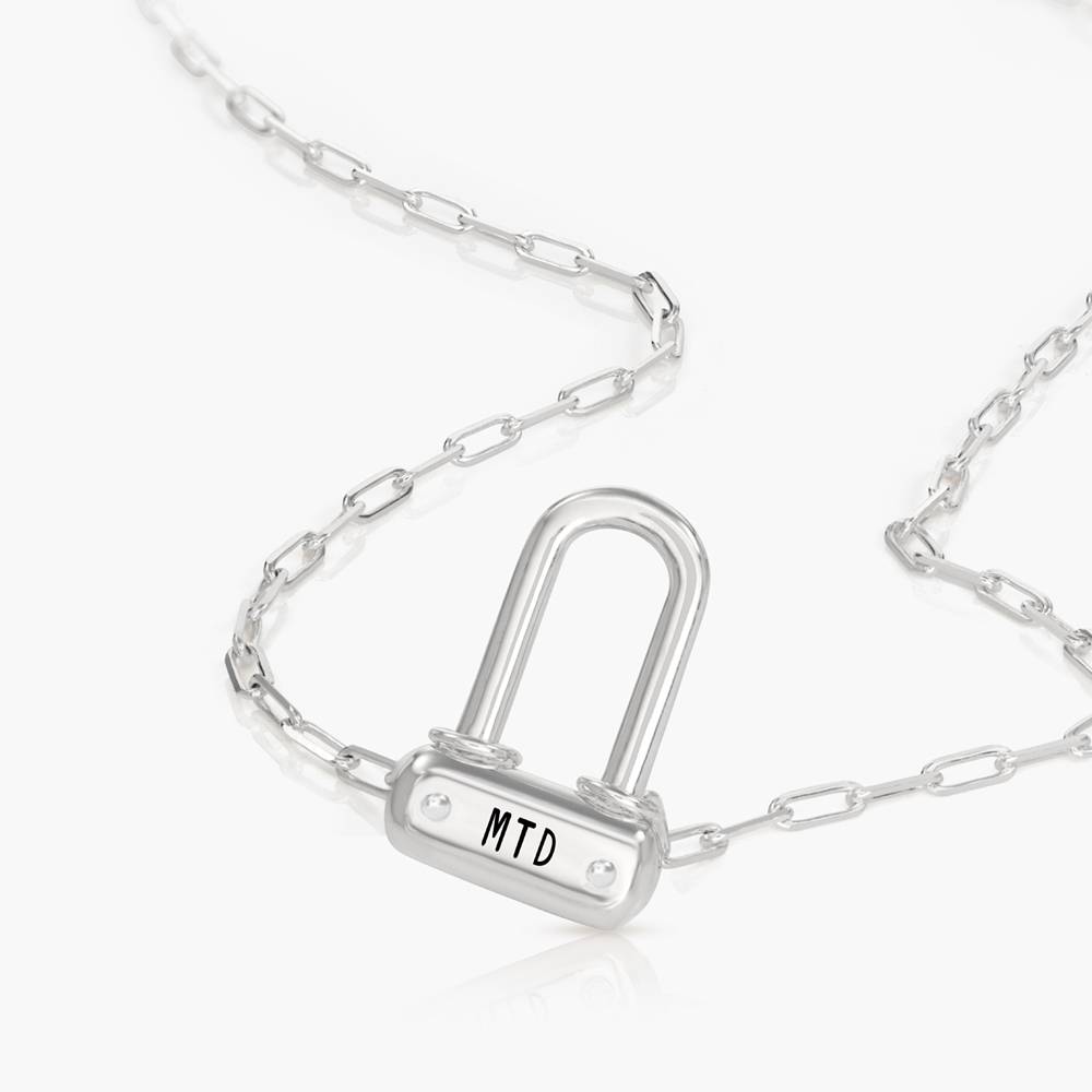 Engraved Initial Bike Lock Charm Necklace - Silver product photo