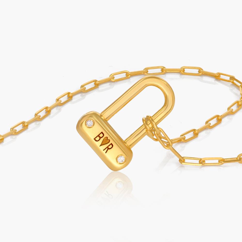 Engraved Initial Bike Lock Charm Necklace With Diamonds - Gold Vermeil-2 product photo