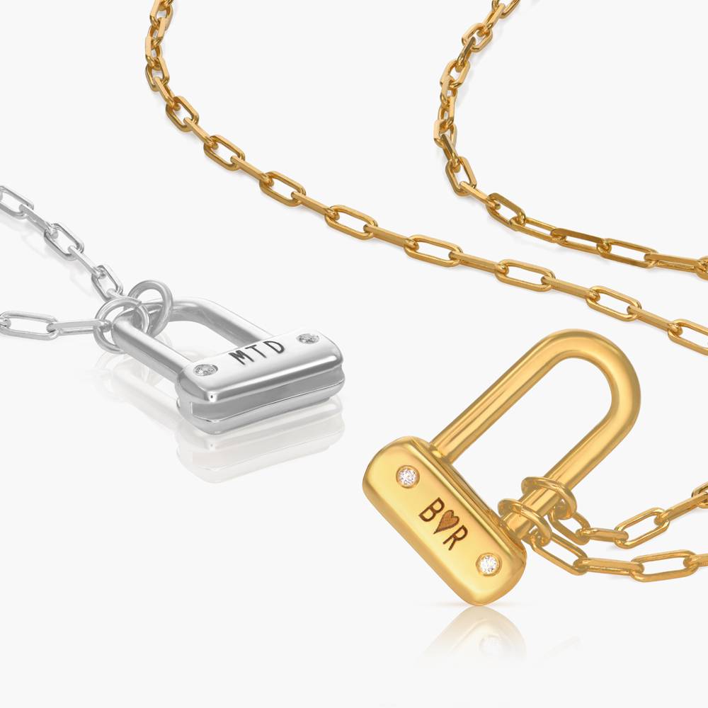 Engraved Initial Bike Lock Charm Necklace With Diamonds - Gold Vermeil-5 product photo