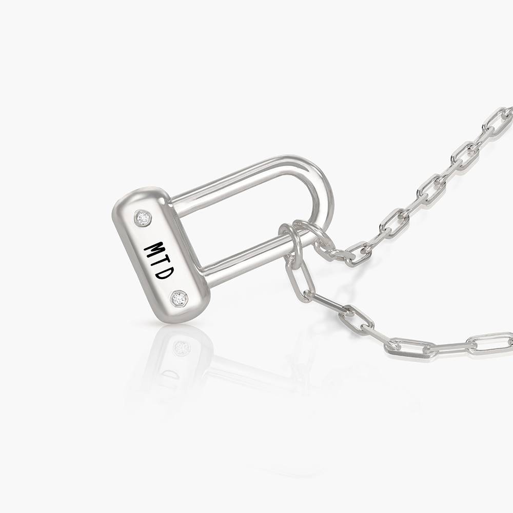 Engraved Initial Bike Lock Charm Necklace With Diamonds - Silver-1 product photo