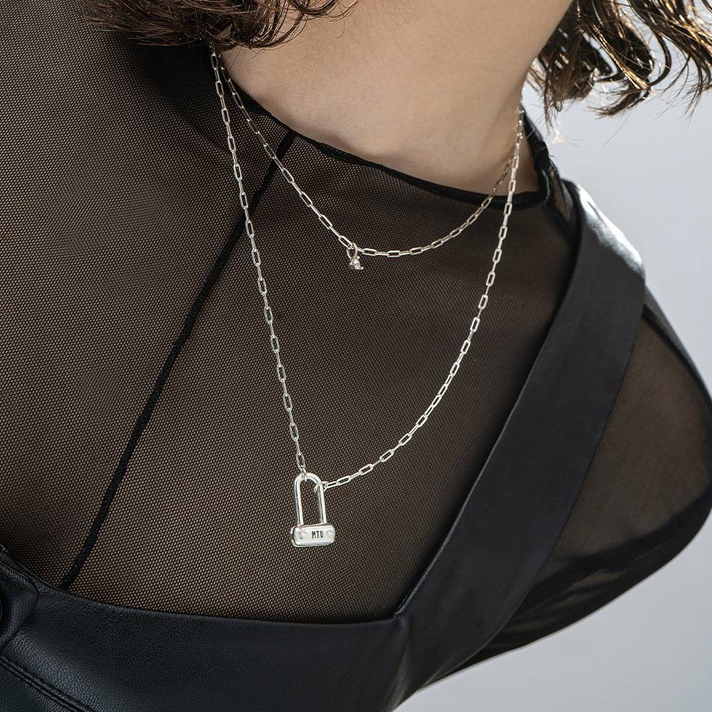 Engraved Initial Bike Lock Charm Necklace With Diamonds - Silver-4 product photo