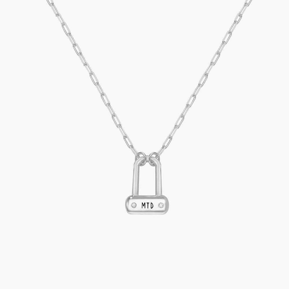 Engraved Initial Bike Lock Charm Necklace With Diamonds - Silver-2 product photo