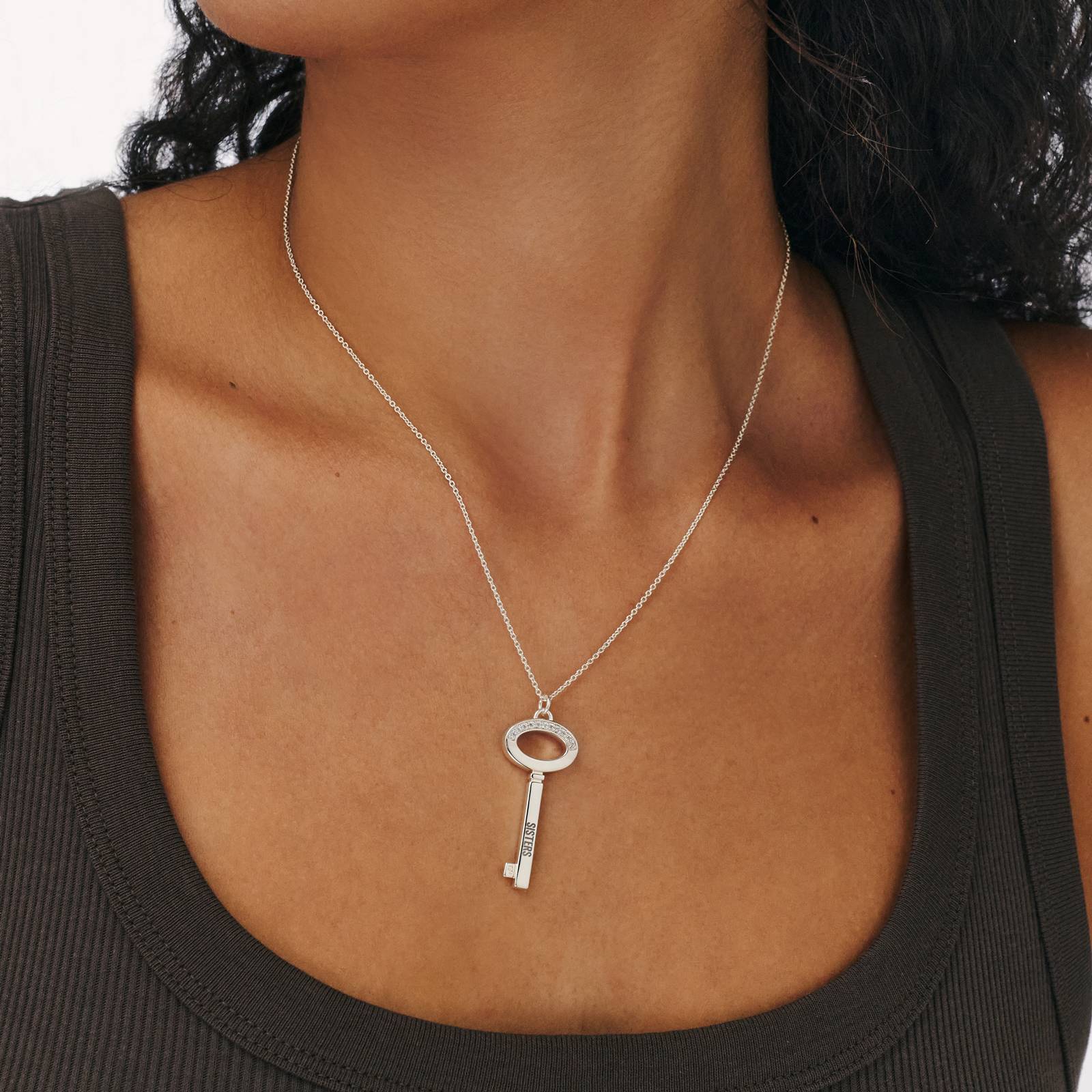 Engraved Key Necklace with sparkling stone - Silver-3 product photo