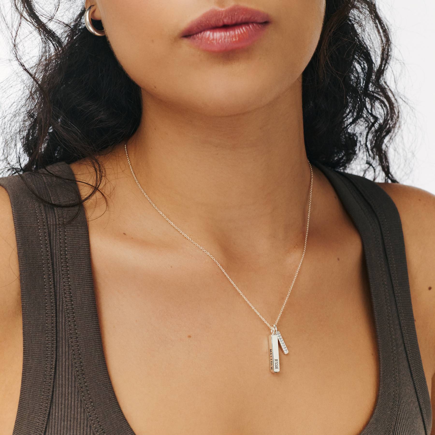 Engraved Mini Bar Necklace with sparkling stone - Silver-4 product photo