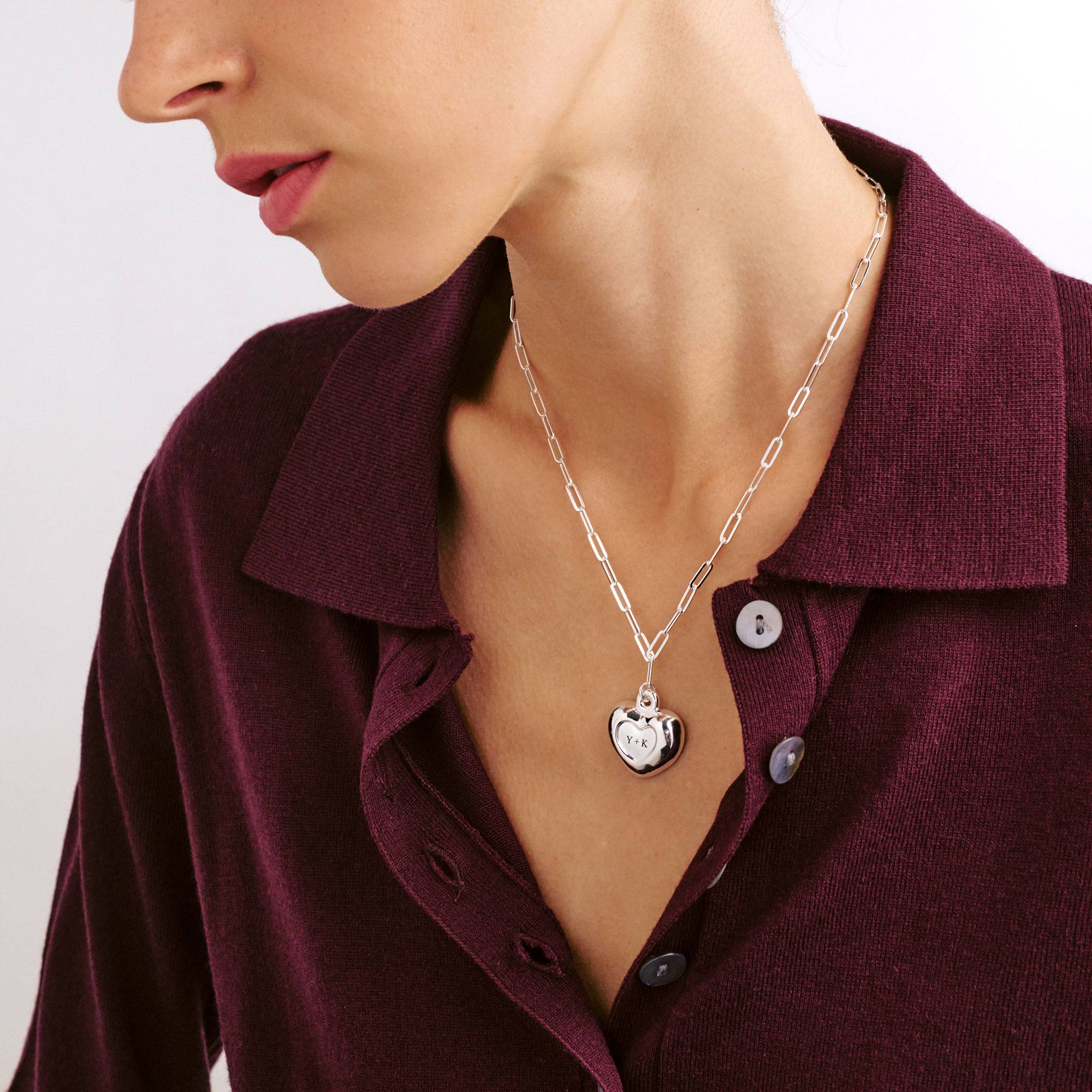 Engraved Puffy Heart Pendant - Silver - Oak & Luna