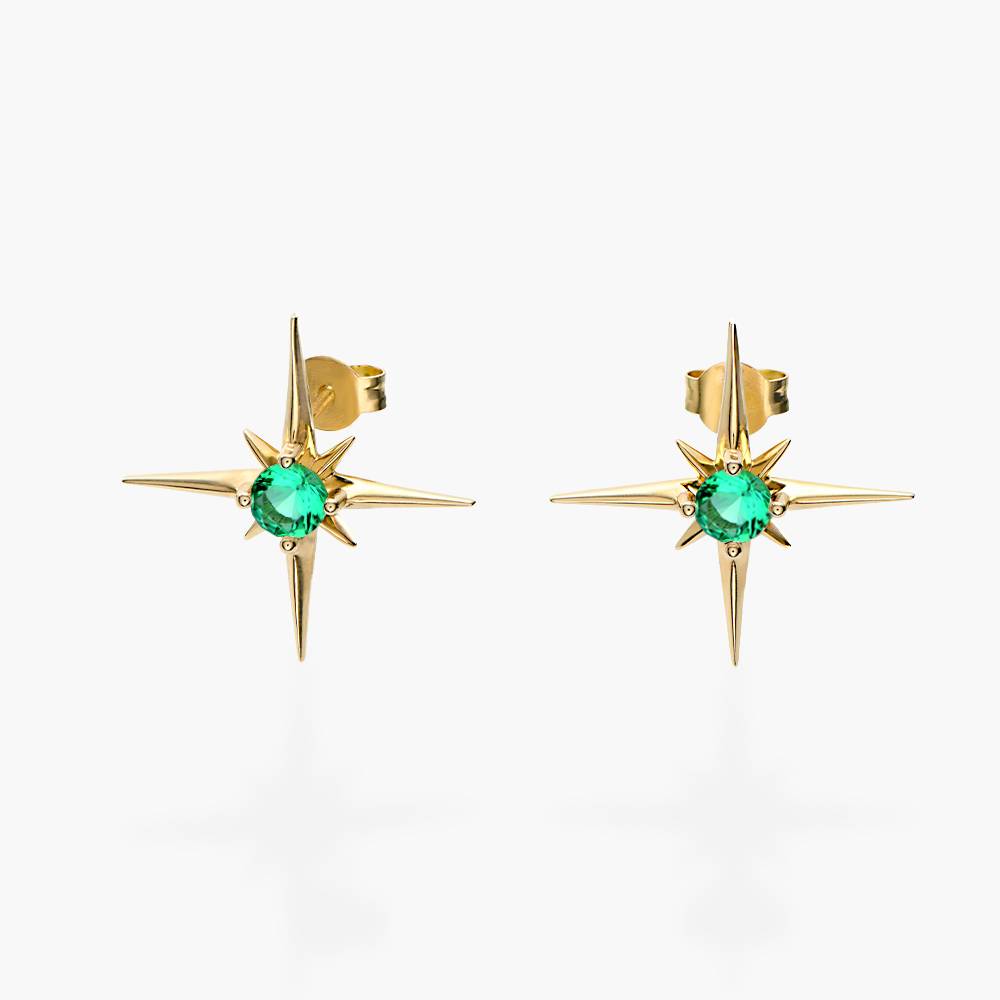 Northern Star Stud Earrings with 0.6 ct Green Emerald Gemstone- 14k Solid Gold-4 product photo