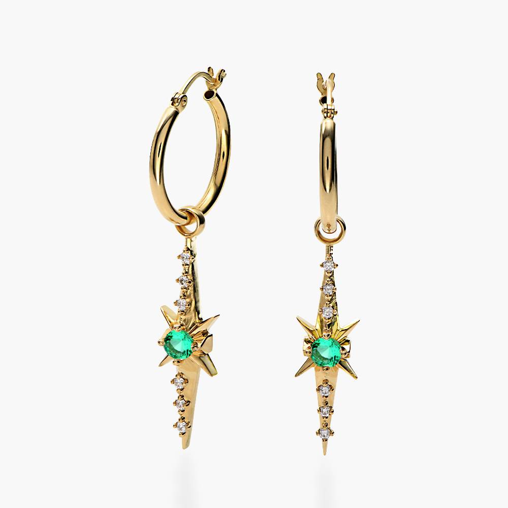 Northern Star trail Hoop Earring with Green Emerald Stone and Diamonds- 14k Solid Gold product photo