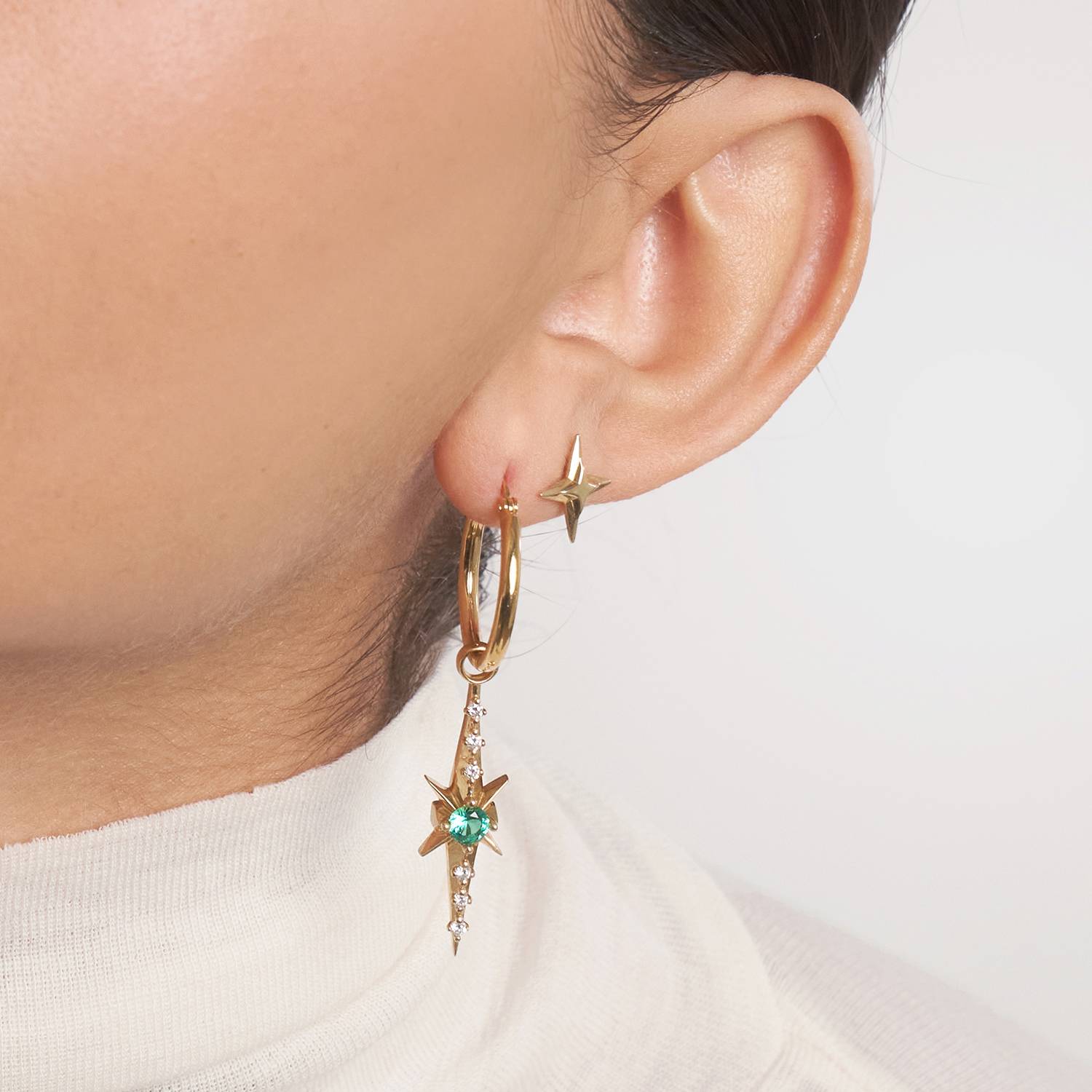 Northern Star trail Hoop Earring with Green Emerald Stone and Diamonds- 14k Solid Gold-2 product photo