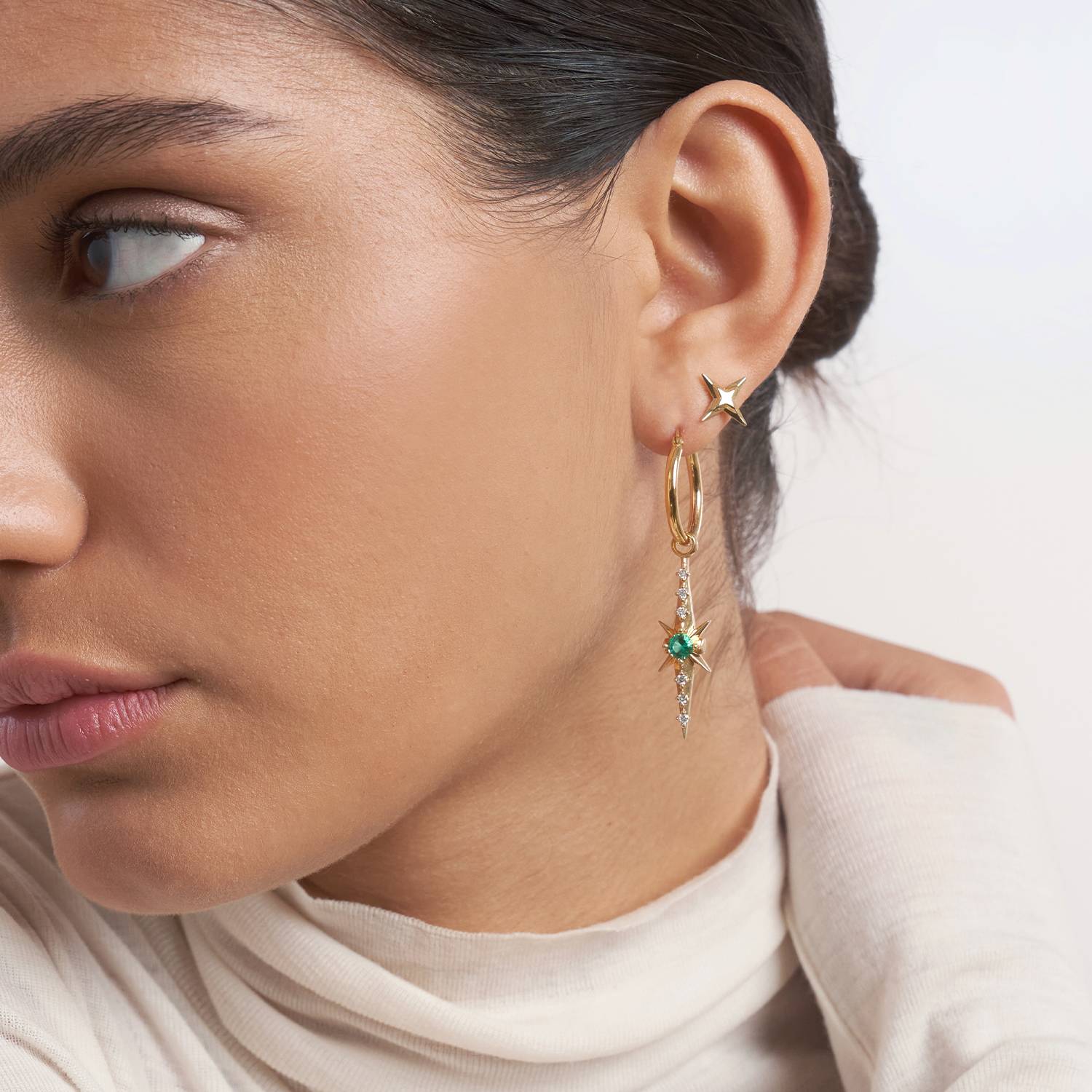 Northern Star trail Hoop Earring with Green Emerald Stone and Diamonds- 14k Solid Gold-4 product photo