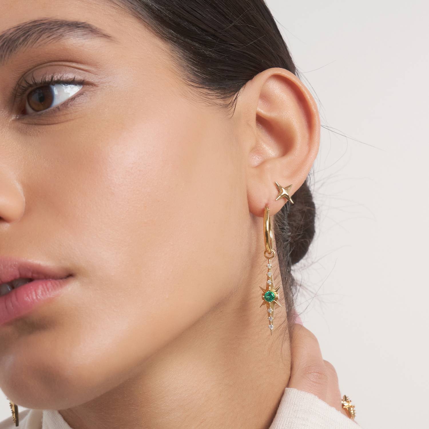 Northern Star trail Hoop Earring with Green Emerald Stone and Diamonds- Gold Vermeil-1 product photo