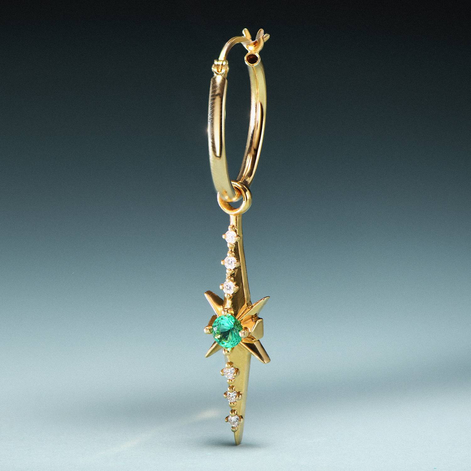 Northern Star trail Hoop Earring with Green Emerald Stone and Diamonds- Gold Vermeil-2 product photo