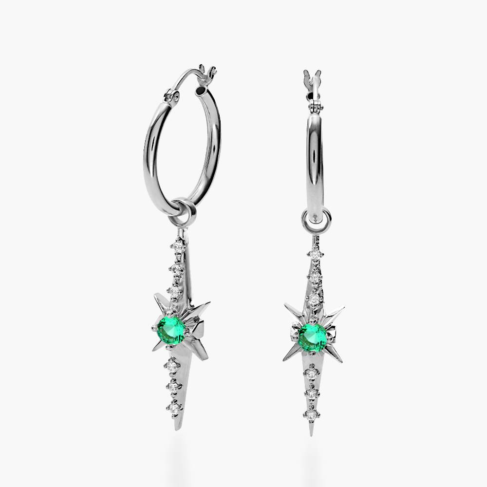 Northern Star trail Hoop Earring with Green Emerald Stone and Diamonds- Silver-1 product photo