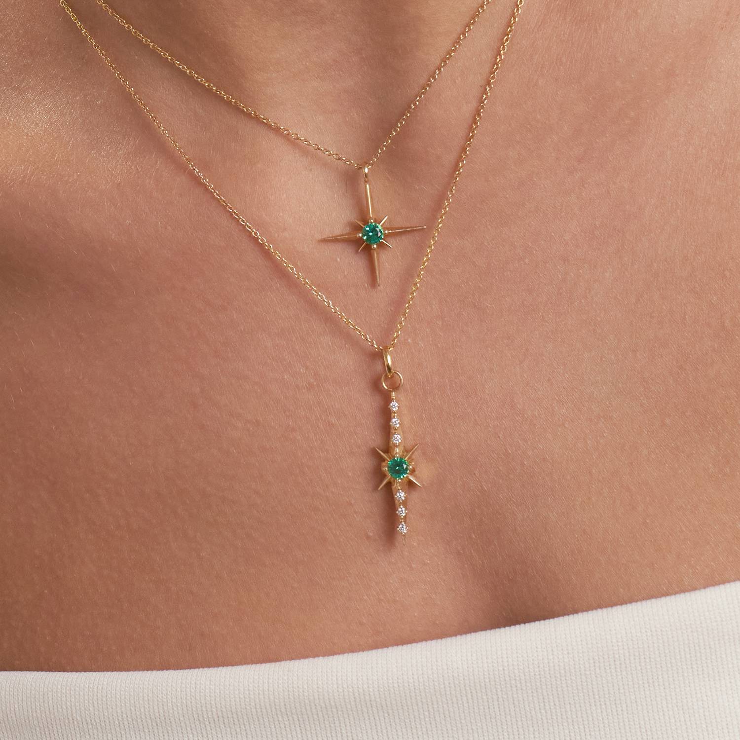 Northern Star trail Necklace with Green Emerald Stone and Diamonds- 14k Solid Gold-1 product photo
