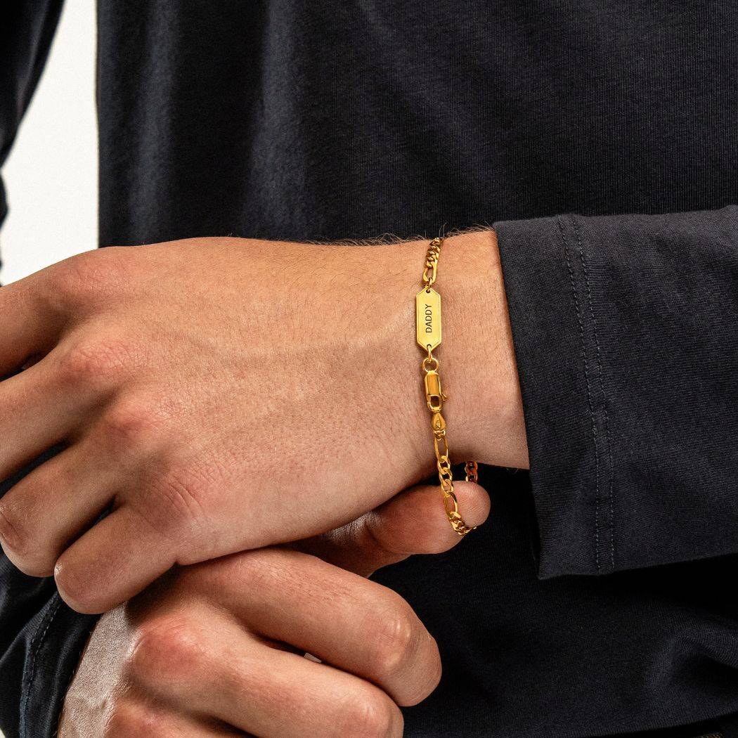 OAK & LUNA-Figaro Chain Bracelet with Tags 7.5" (Gold) 3mm Sett Cuban Tag-2 product photo