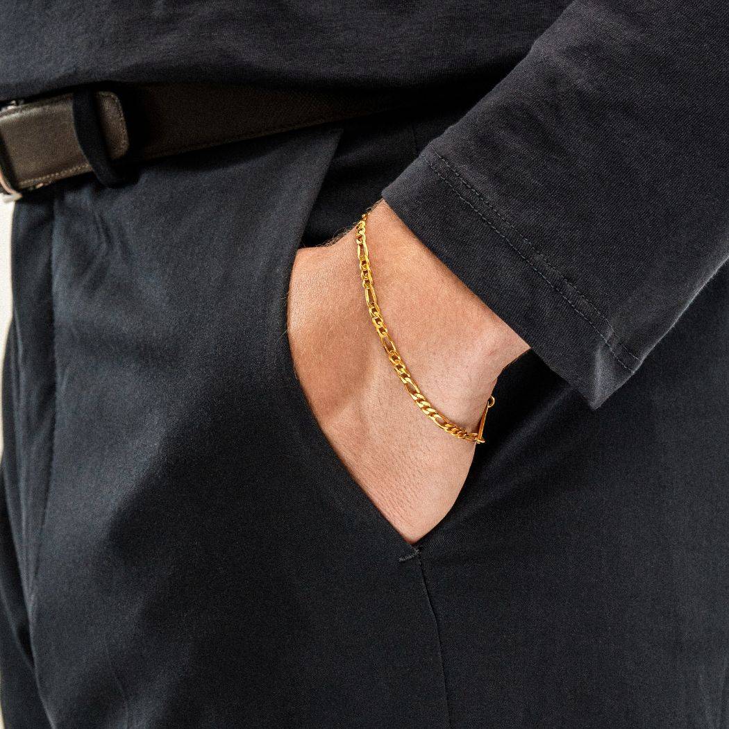 OAK & LUNA-Figaro Chain Bracelet with Tags 7.5" (Gold) 3mm Sett Cuban Tag-5 product photo
