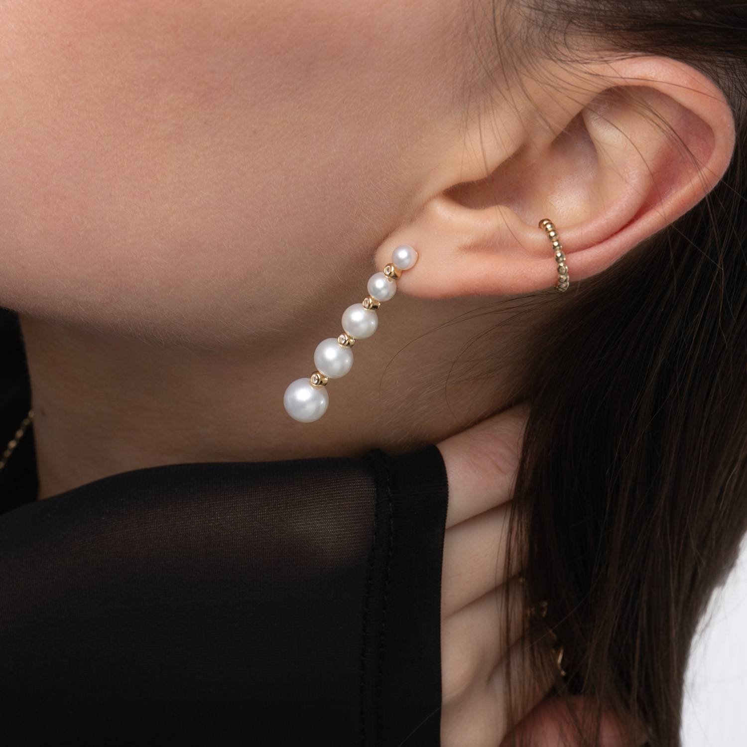 Cultured Pearl Graduated Stud Earrings with White Topaz- Gold Plated-6 product photo