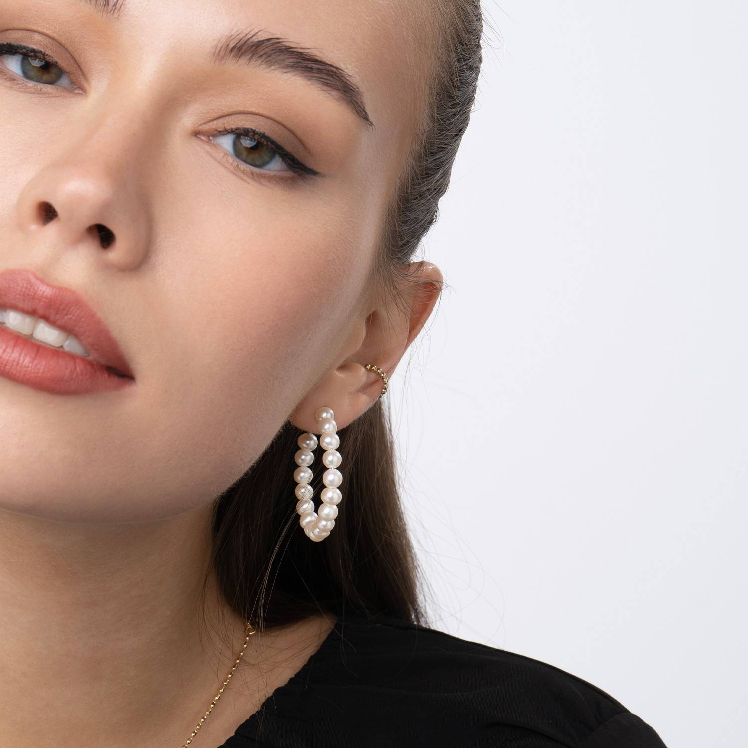 Cultured Pearl Hoop Earrings- Silver-1 product photo