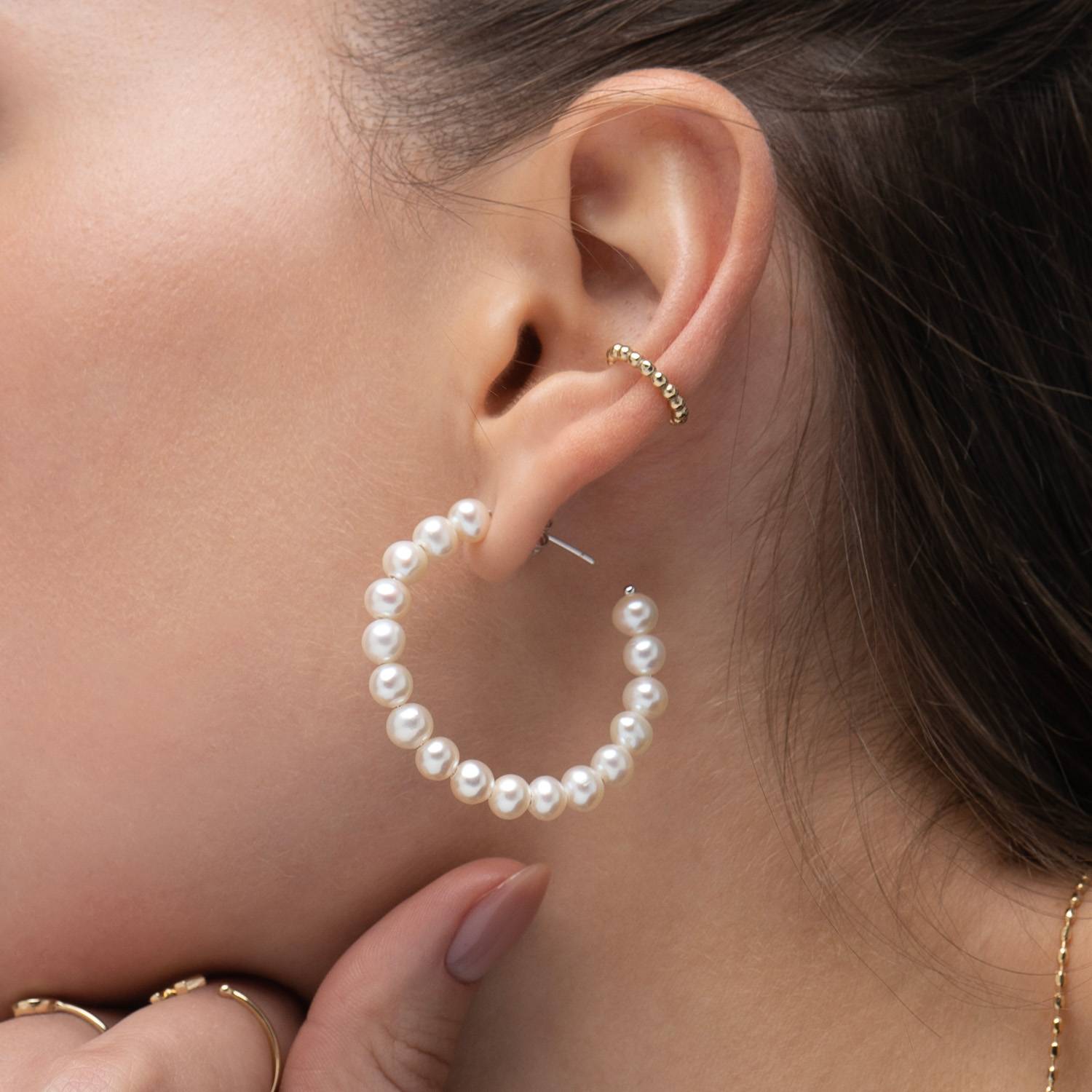 Cultured Pearl Hoop Earrings- Silver-2 product photo