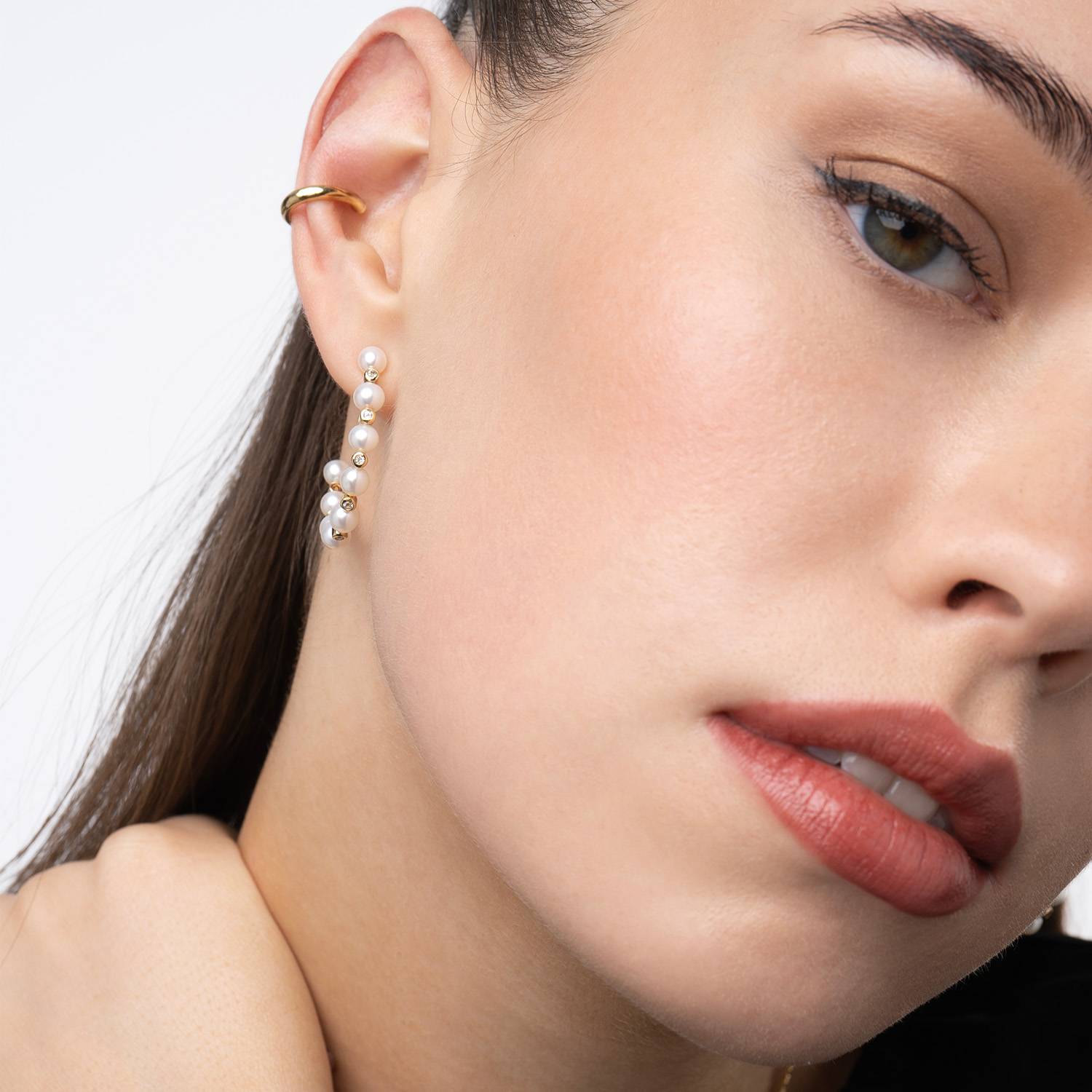 Cultured Pearl Hoop Earrings with White Topaz -Gold Plated-3 product photo
