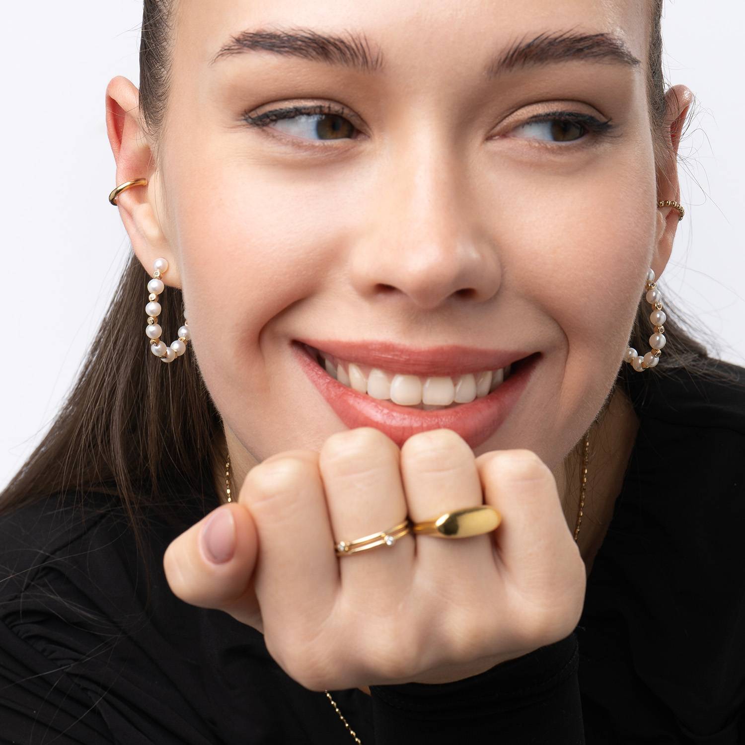 Cultured Pearl Hoop Earrings with White Topaz -Gold Plated-1 product photo