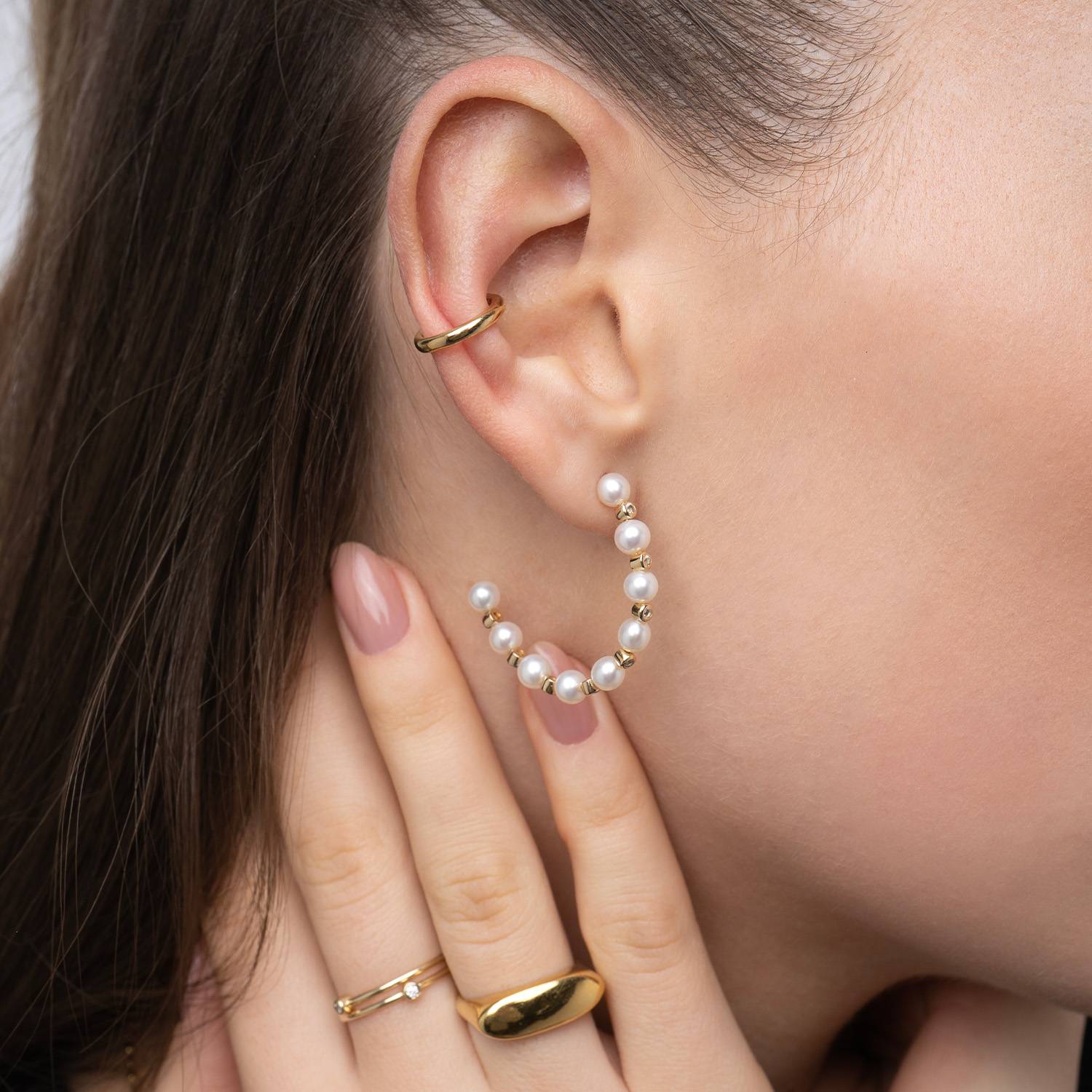 Cultured Pearl Hoop Earrings with White Topaz -Gold Plated-2 product photo