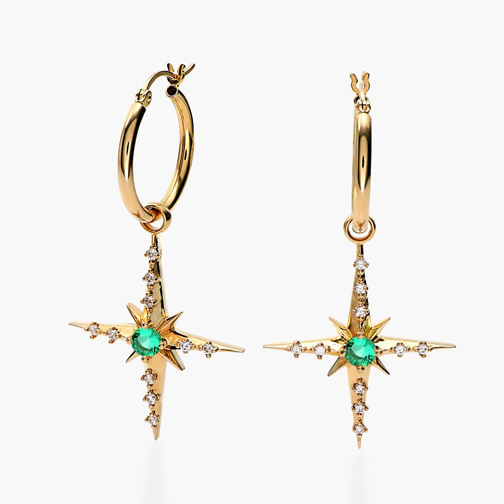 Glistening Northern Star Hoop Earring with Green Emerald Stone and Diamonds- Gold Vermeil product photo