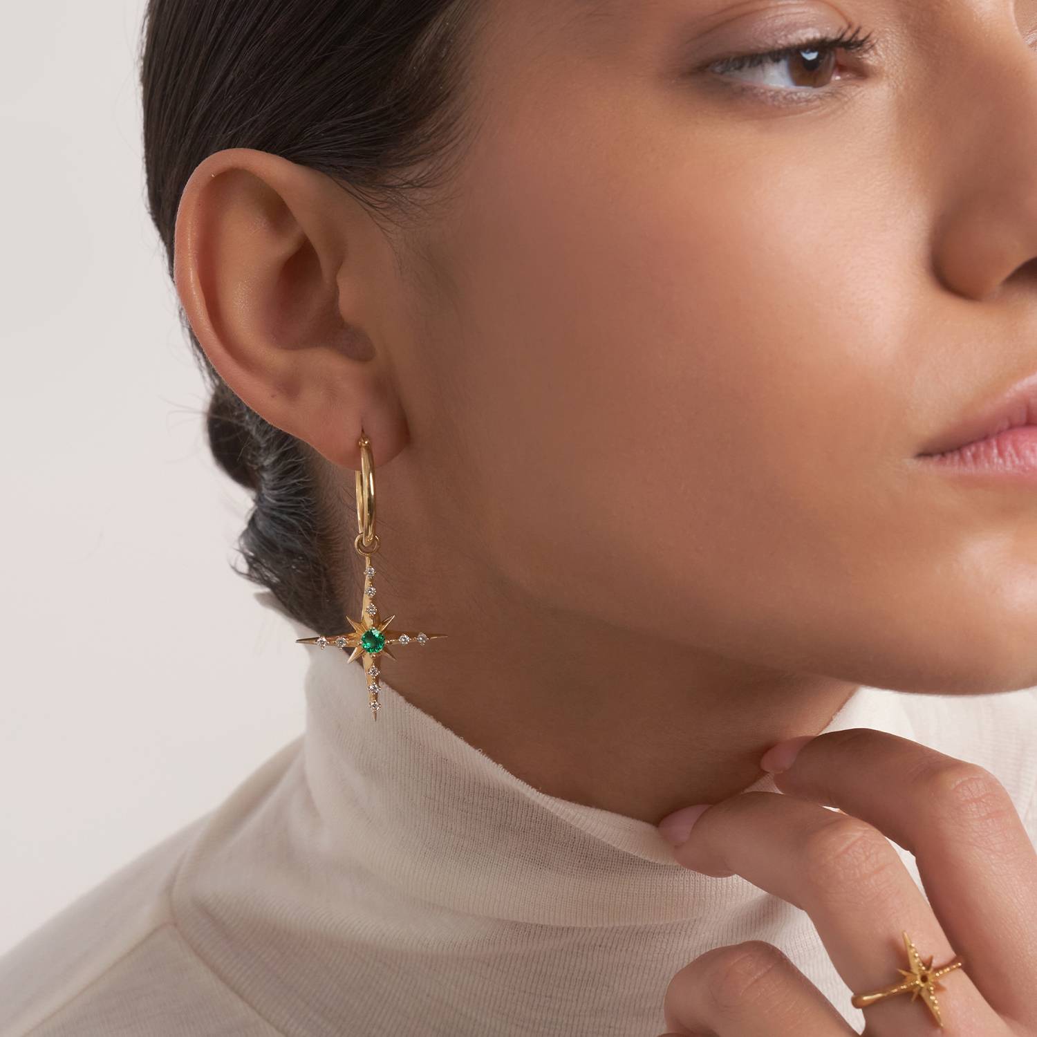Glistening Northern Star Hoop Earring with Green Emerald Stone and Diamonds- Gold Vermeil-2 product photo