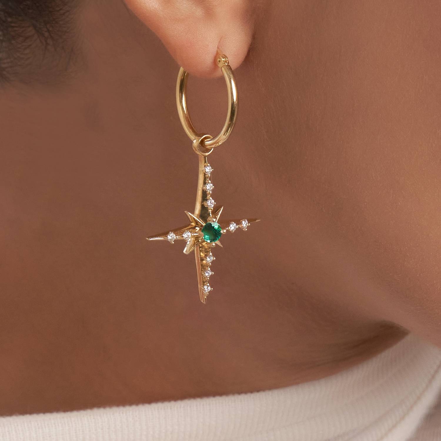 Glistening Northern Star Hoop Earring with Green Emerald Stone and Diamonds- Gold Vermeil-4 product photo
