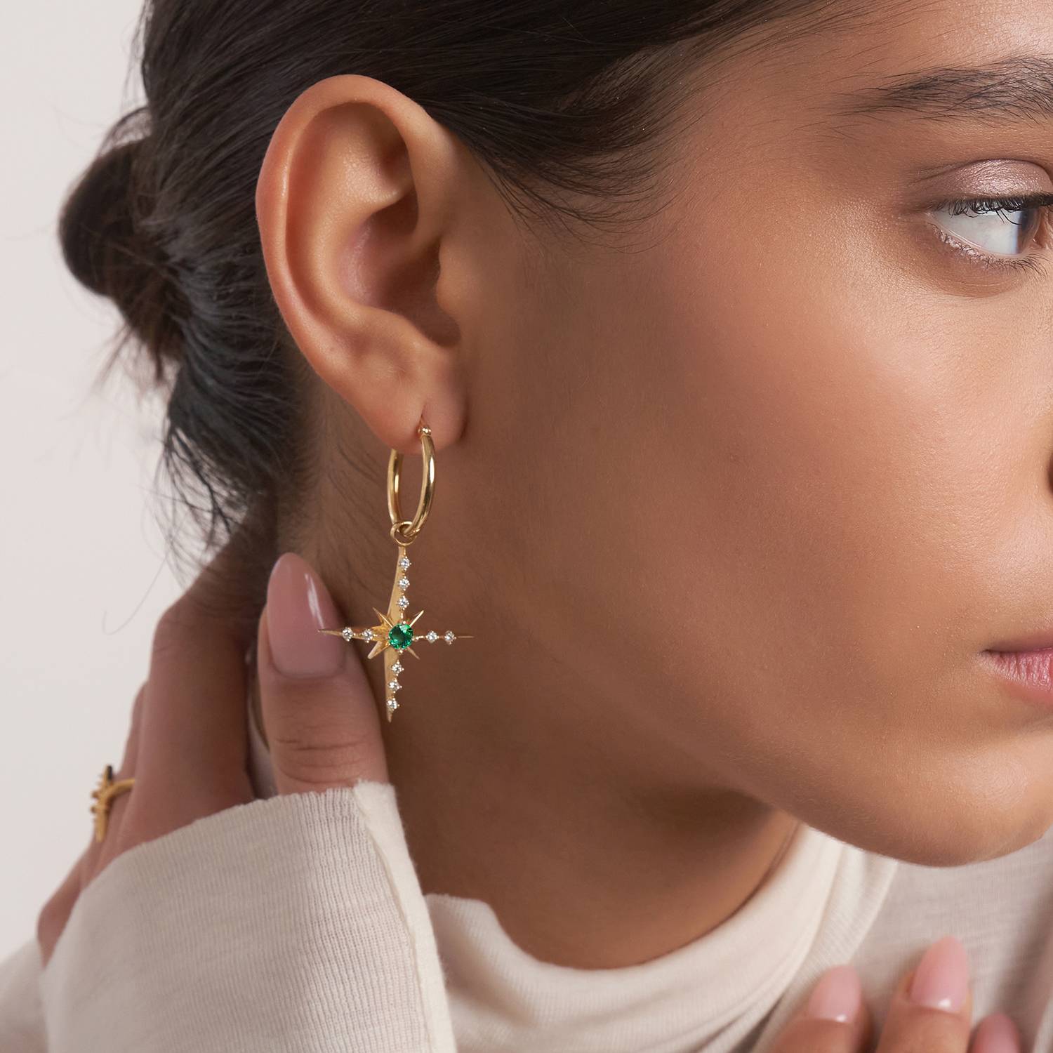 Glistening Northern Star Hoop Earring with Green Emerald Stone and Diamonds- Gold Vermeil-3 product photo