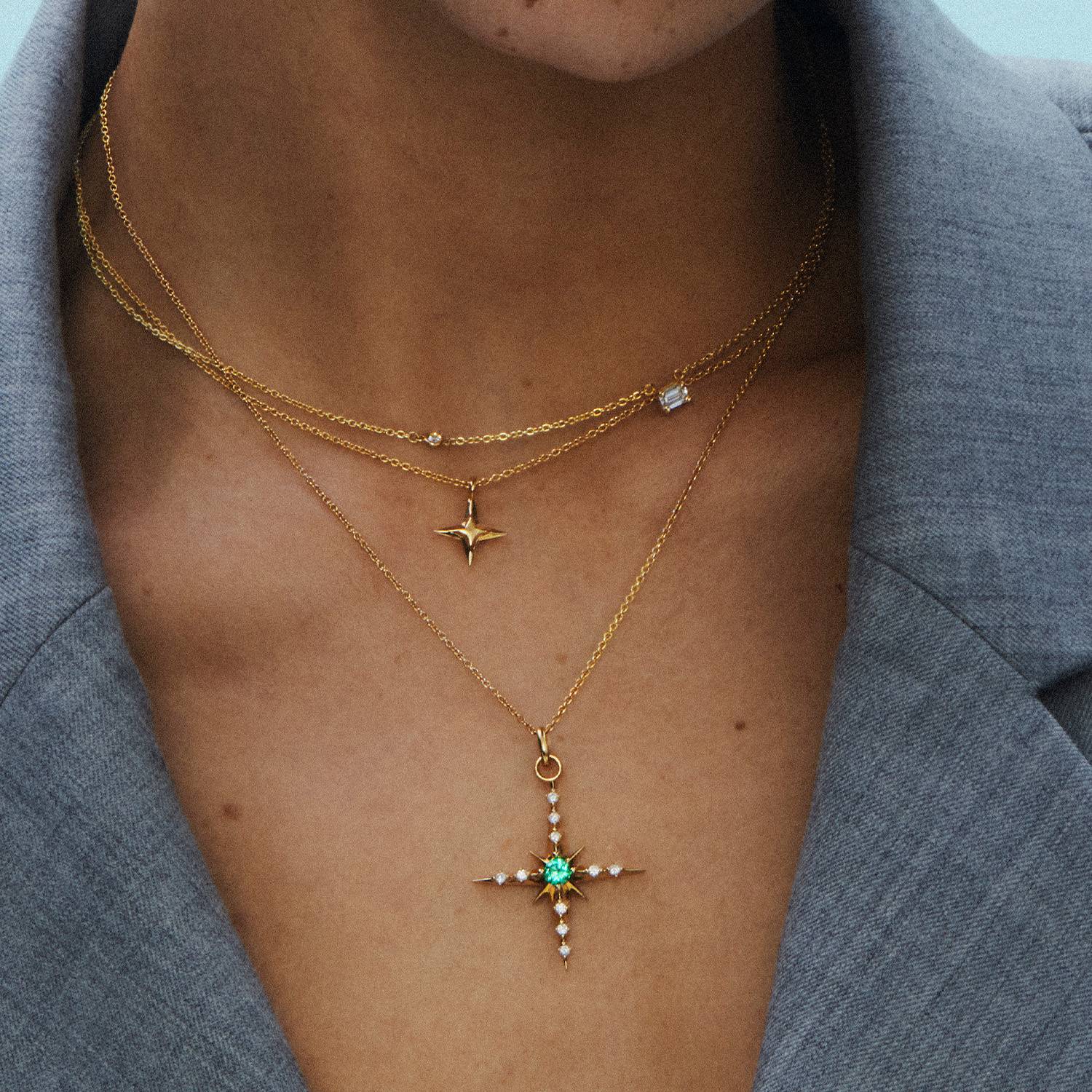 Glistening Northern Star Necklace with Green Emerald Stone and Diamonds- Gold Vermeil-1 product photo